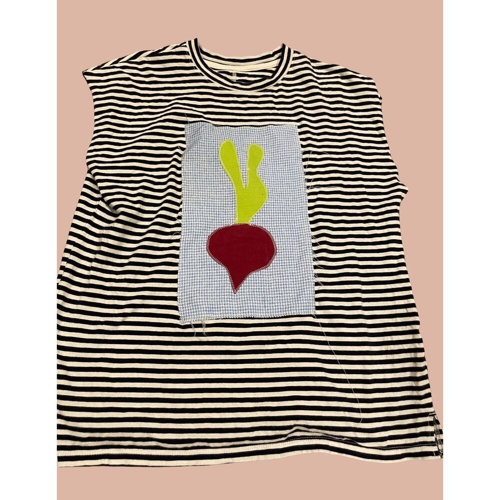 Small Upcycled Sleeveless Beet Shirt | Boho Maximalist Reworked Muscle Tank